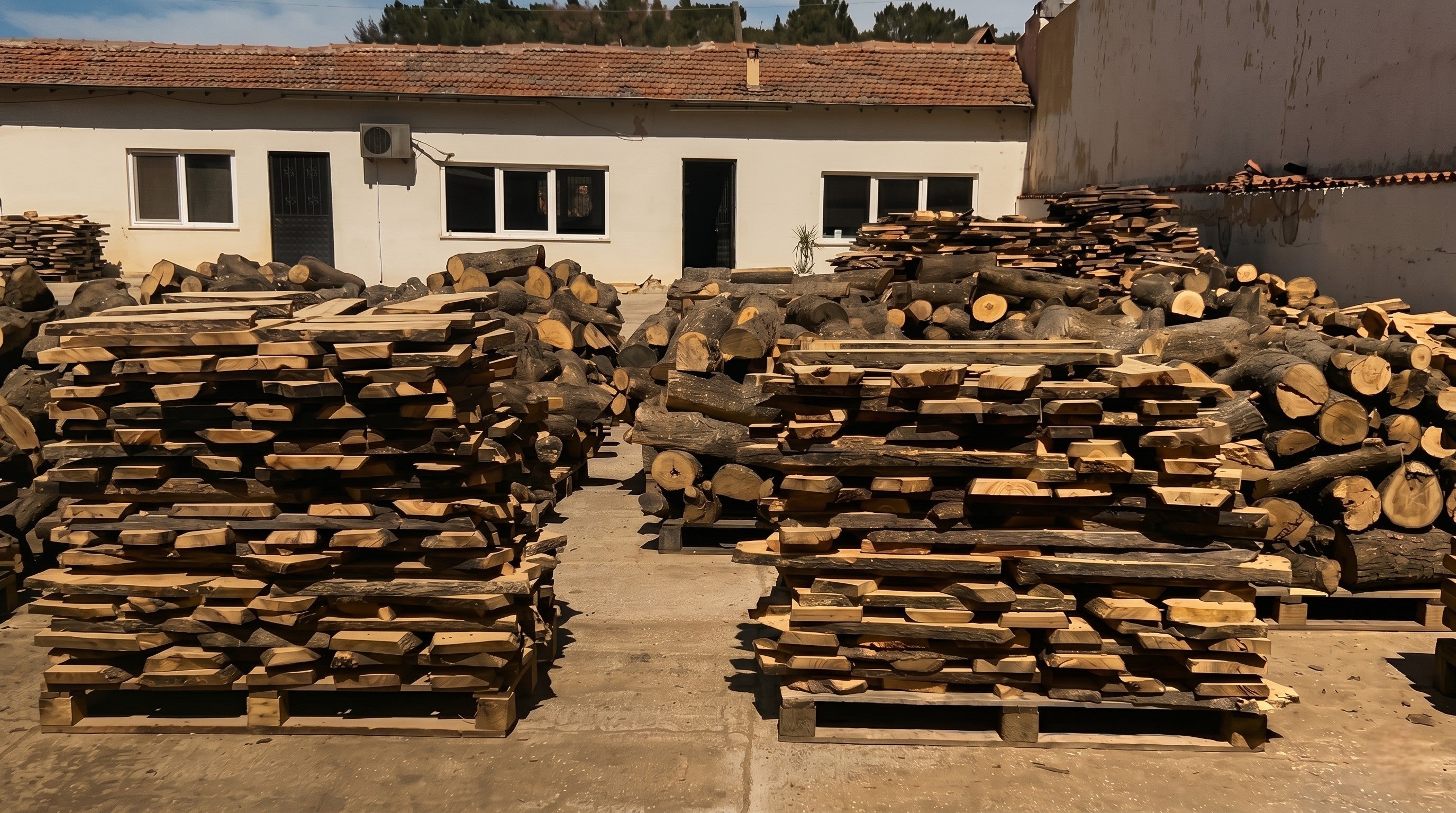 Olijfhout werkplaats met gestapelde planken en stammen op pallets